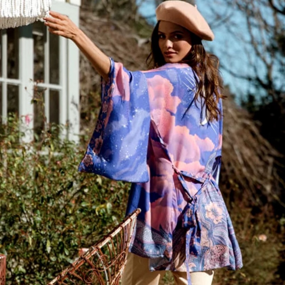 SOLD OUT Cosmic Galaxy Moon Boho Short Kimono Coverup Robe - Picture 5 of 12
